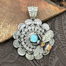 Load image into Gallery viewer, PATRICIA YAZZIE Navajo Sterling Golden Hills Turquoise Flower Pendant Bumblebee
