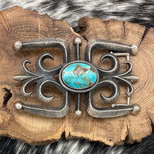 Load image into Gallery viewer, 1980s Native American NAVAJO Sandcast Silver &amp; Turquoise Belt Buckle Openwork
