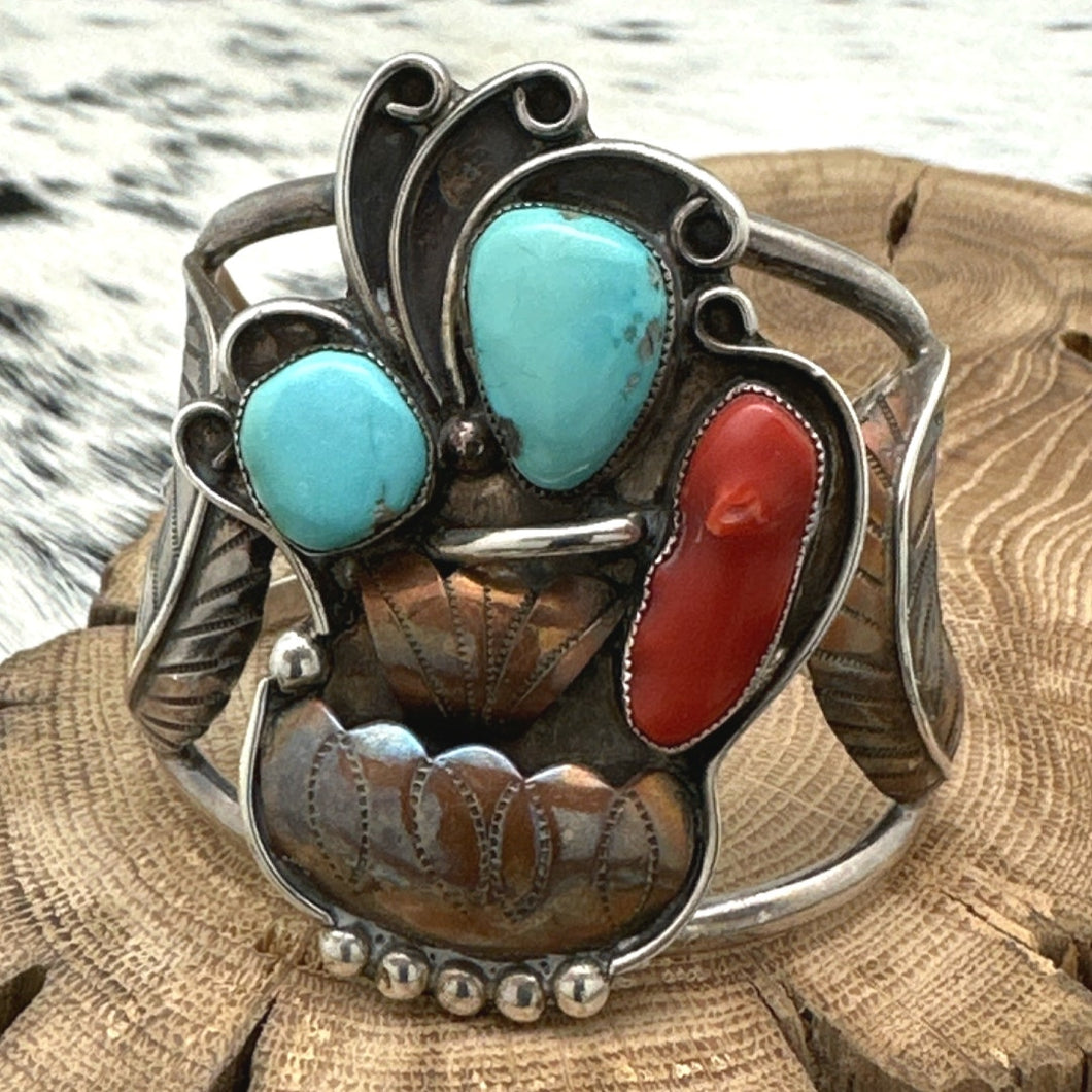 1970s Native American NAVAJO Sterling Bronze Turquoise Coral Fancy Cuff Bracelet