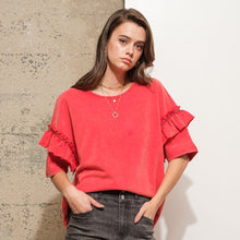 Load image into Gallery viewer, BLUE B CLOTHING Garment Washed Ruffle Sleeve Studded Dolman T-Shirt In Red
