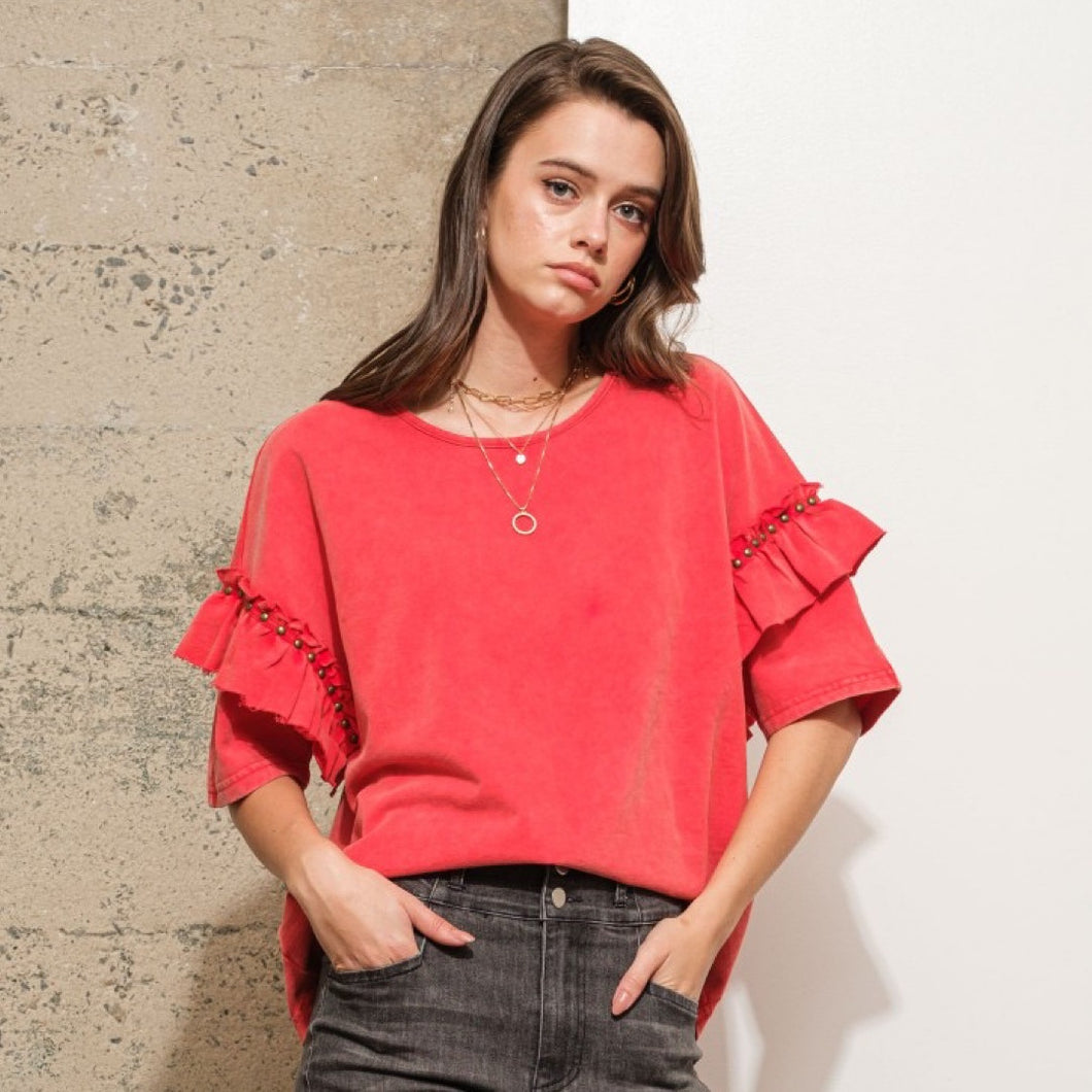 BLUE B CLOTHING Garment Washed Ruffle Sleeve Studded Dolman T-Shirt In Red