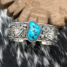 Load image into Gallery viewer, 1970s GLEN WILLIE Navajo Sterling &amp; Turquoise Highly Decorated Cuff Bracelet
