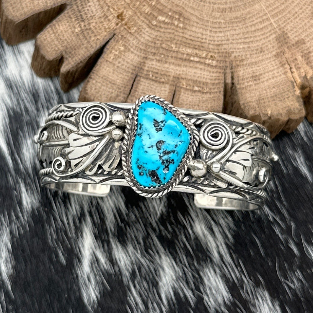 1970s GLEN WILLIE Navajo Sterling & Turquoise Highly Decorated Cuff Bracelet