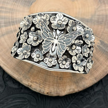 Load image into Gallery viewer, THE BOYZ SILVER Mexico Sterling Silver Cuff Bracelet Lg 3-D Butterfly &amp; Flowers
