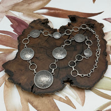 Load image into Gallery viewer, BUFFALO DANCER Taos Silver Necklace 7 Vintage Coins Peace Dollar Walking Liberty
