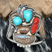 Load image into Gallery viewer, 1970s Native American NAVAJO Sterling Bronze Turquoise Coral Fancy Cuff Bracelet
