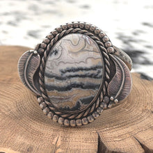 Load image into Gallery viewer, 1960s Native American NAVAJO Sterling &amp; Crazy Lace Agate Cuff Bracelet Leaves

