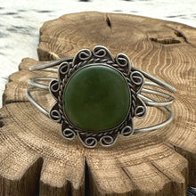 Load image into Gallery viewer, 1940s Native American NAVAJO Sterling Silver &amp; Jade Cuff Bracelet Curly Ques
