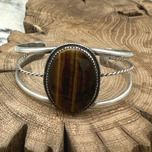 Load image into Gallery viewer, 1970s Native American NAVAJO Sterling Silver Tiger&#39;s Eye Cabochon Cuff Bracelet
