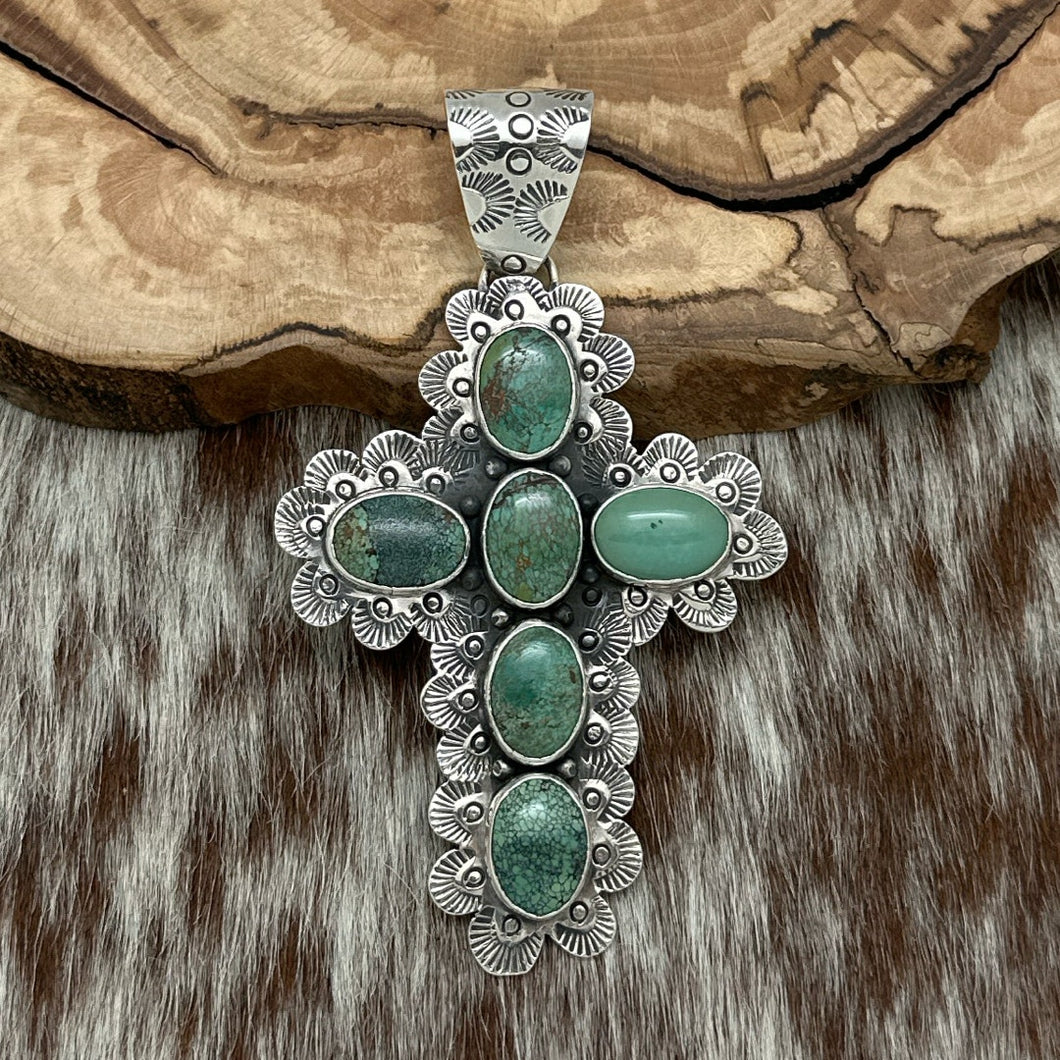 FEDERICO JIMENEZ Sterling Silver & Natural Soft Green Turquoise Cross Pendant