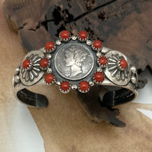 Load image into Gallery viewer, BUFFALO DANCER Taos Pueblo Sterling Silver Coral Cuff Bracelet 1941 Mercury Dime
