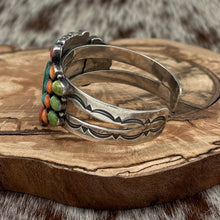 Load image into Gallery viewer, DON LUCAS Sterling Silver &amp; Turquoise Coral Gaspeite Spiny Cluster Cuff Bracelet
