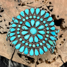 Load image into Gallery viewer, 1970s Native American NAVAJO Sterling &amp; Turquoise Round Cluster Cuff Bracelet
