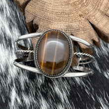 Load image into Gallery viewer, 1970s Native American NAVAJO Sterling Silver Tiger&#39;s Eye Cabochon Cuff Bracelet
