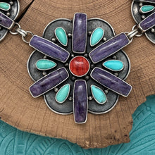 Load image into Gallery viewer, BETTY TOM Navajo Sterling Charoite Turquoise Spiny 3-Station Flower Necklace
