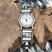 Load image into Gallery viewer, 1980s HERBERT &amp; ESTHER CELLICION Zuni Multi Inlay Watch Tips Legacy Case &amp; Band
