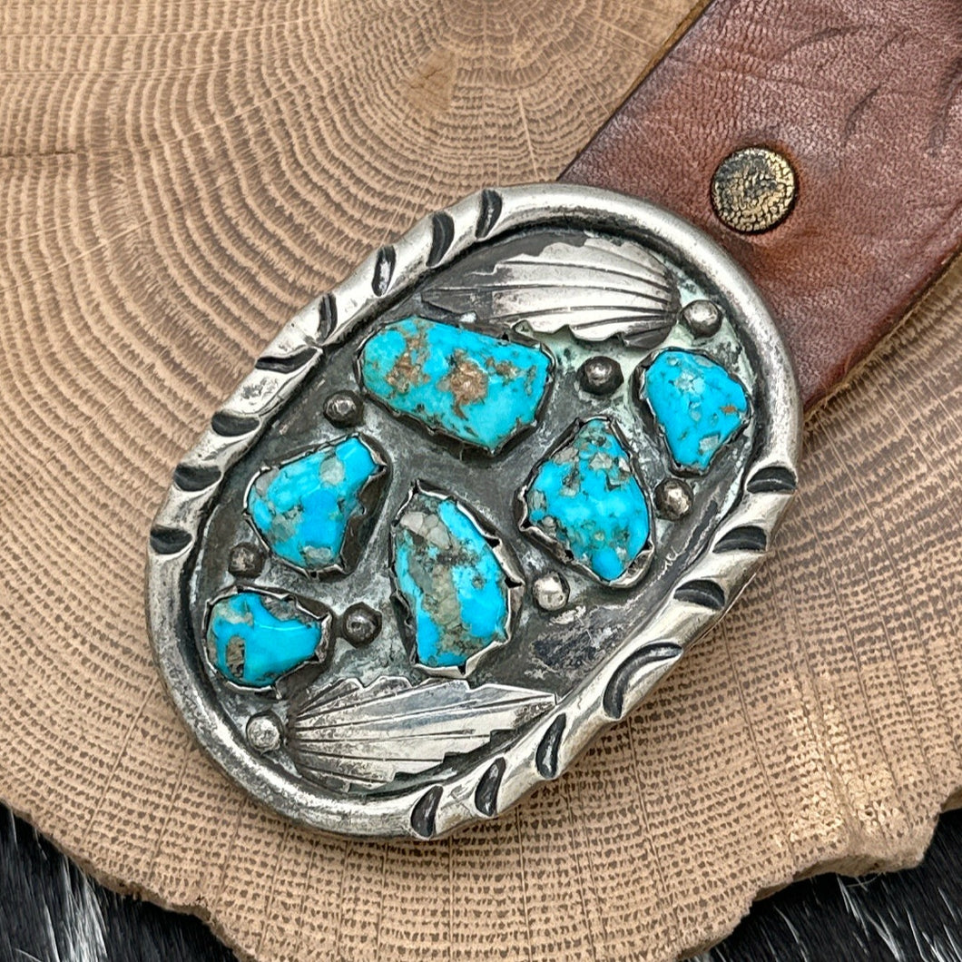 1970s ANGELITA CHEAMA Zuni Sterling & Turquoise Belt Buckle Tooled Leather Belt