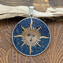 Load image into Gallery viewer, 1960s MEXICO Sterling Brass Copper With Lapis Chip Inlay Reversible Sun Pendant
