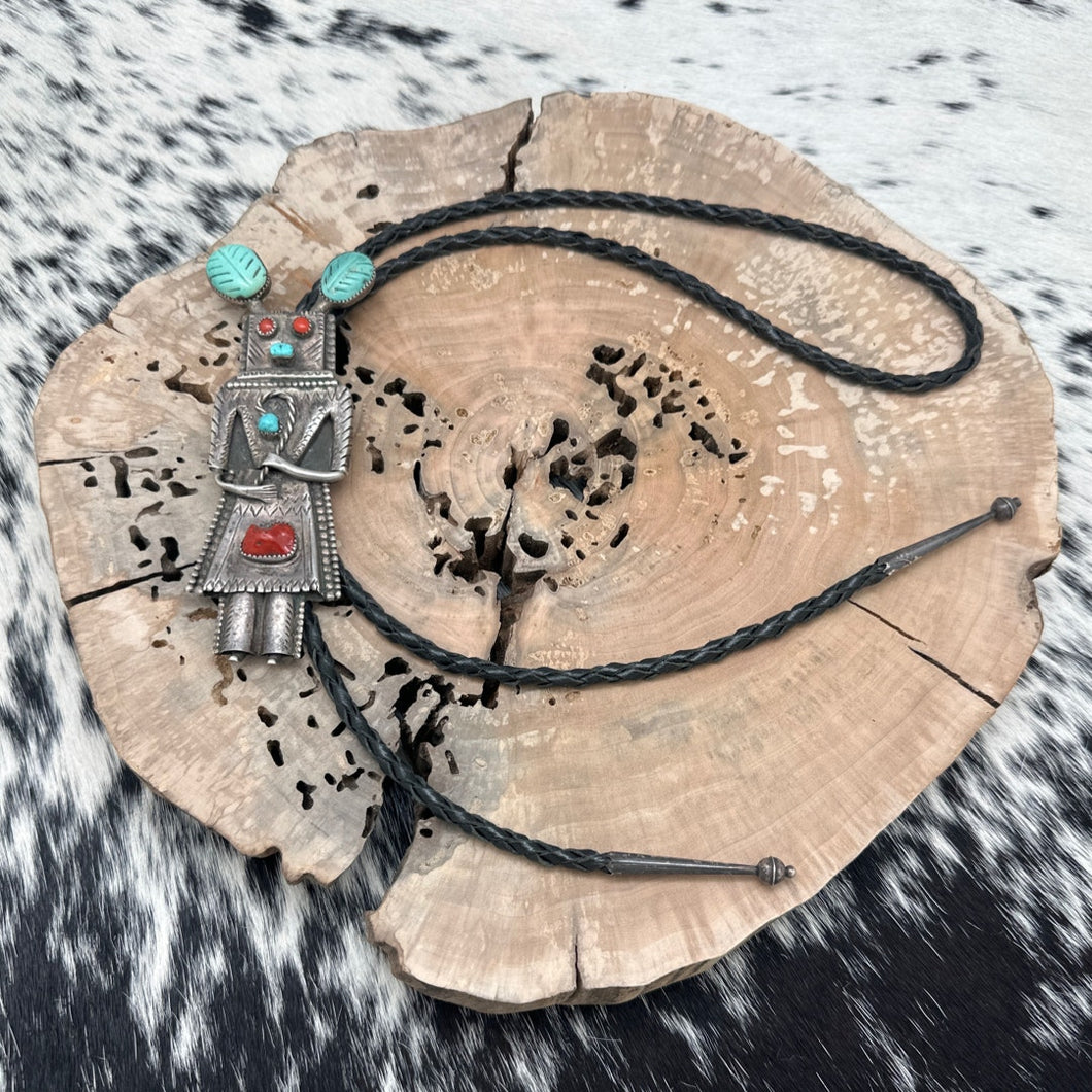 1950s Native American NAVAJO Sterling Silver Turquoise & Coral Kachina Bolo Tie