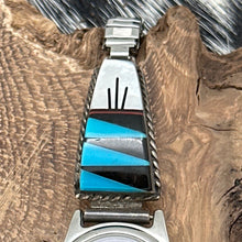 Load image into Gallery viewer, 1980s CHARLES WILLIE Navajo Multi-Stone Inlay Watch Tips With Linel Case &amp; Band
