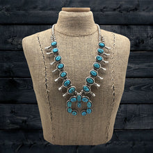 Load image into Gallery viewer, WILSON PADILLA Navajo Sterling Natural Kingman Turquoise Squash Blossom Necklace
