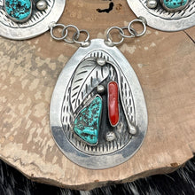 Load image into Gallery viewer, 1980s DAVID F GARCIA Kewa Sterling Silver Turquoise &amp; Coral 5 Station Necklace
