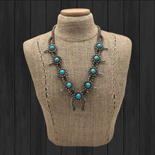 Load image into Gallery viewer, 1960s Native American NAVAJO Sterling &amp; Turquoise Squash Blossom Floral Necklace
