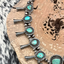 Load image into Gallery viewer, 1960s Native American NAVAJO Sterling &amp; Green Turquoise Squash Blossom Necklace
