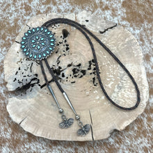 Load image into Gallery viewer, SOUTHWEST STYLE Sterling Bolo Tie With Zuni Turquoise Slide Filigree Butterflies
