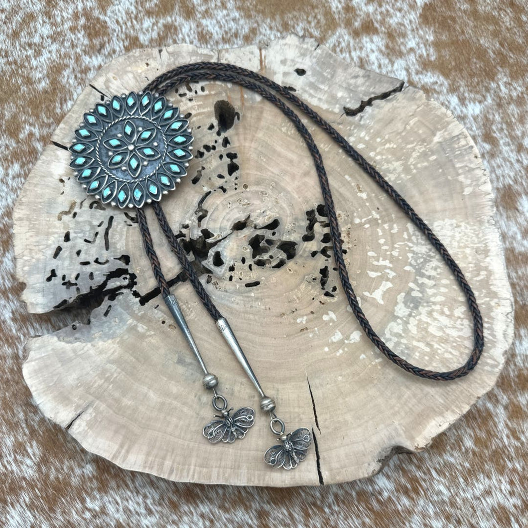 SOUTHWEST STYLE Sterling Bolo Tie With Zuni Turquoise Slide Filigree Butterflies