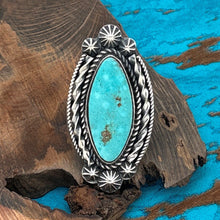Load image into Gallery viewer, ROSELLA PAXTON Apache Sterling Silver &amp; Turquoise Oval Ring Starshots Size 9
