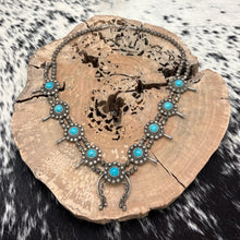 Load image into Gallery viewer, 1960s Native American NAVAJO Sterling &amp; Turquoise Squash Blossom Floral Necklace
