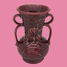 Load image into Gallery viewer, Vintage SHAWNEE POTTERY Burgundy Double Handle Flower Vase 7.5" 1941-1969
