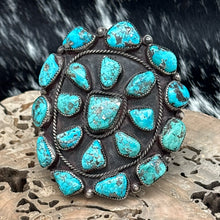 Load image into Gallery viewer, 1960s Native American NAVAJO Sterling &amp; Morenci Turquoise Cluster Cuff Bracelet
