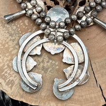 Load image into Gallery viewer, 1960s Native American NAVAJO Sterling &amp; Green Turquoise Squash Blossom Necklace
