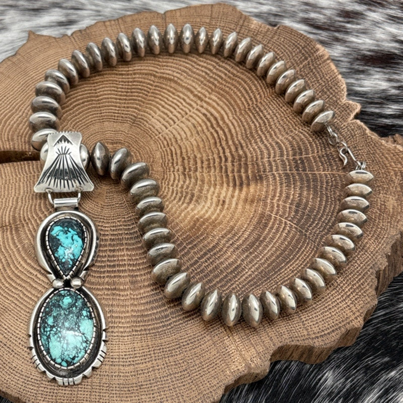 WILSON PADILLA Navajo Sterling Silver & Turquoise Pendant Necklace Saucer Beads