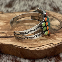 Load image into Gallery viewer, DON LUCAS Sterling Silver &amp; Turquoise Coral Gaspeite Spiny Cluster Cuff Bracelet
