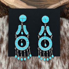 Load image into Gallery viewer, FEDERICO JIMENEZ Sterling Silver &amp; Turquoise Inlay Chandelier Earrings Circles
