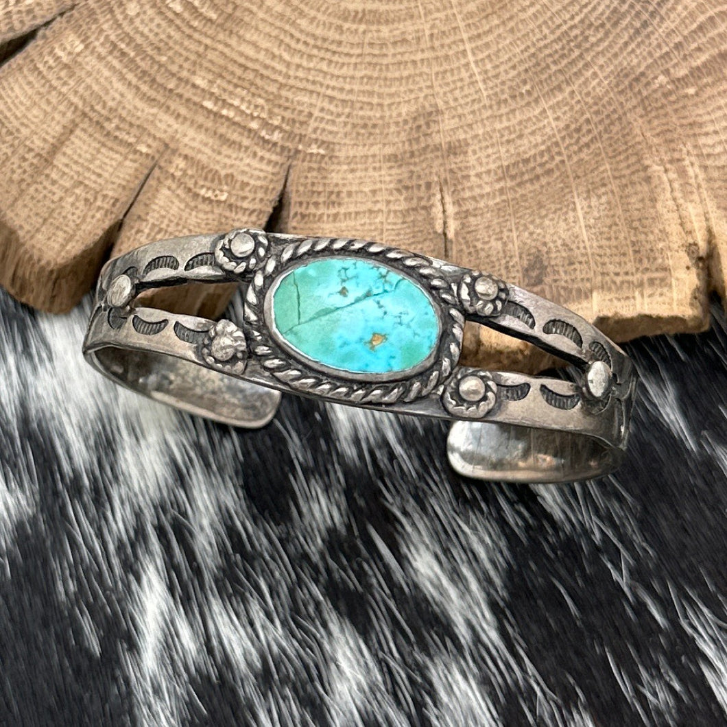 1960s Native American NAVAJO Sterling & Turquoise Cuff Bracelet Heavy Stamps