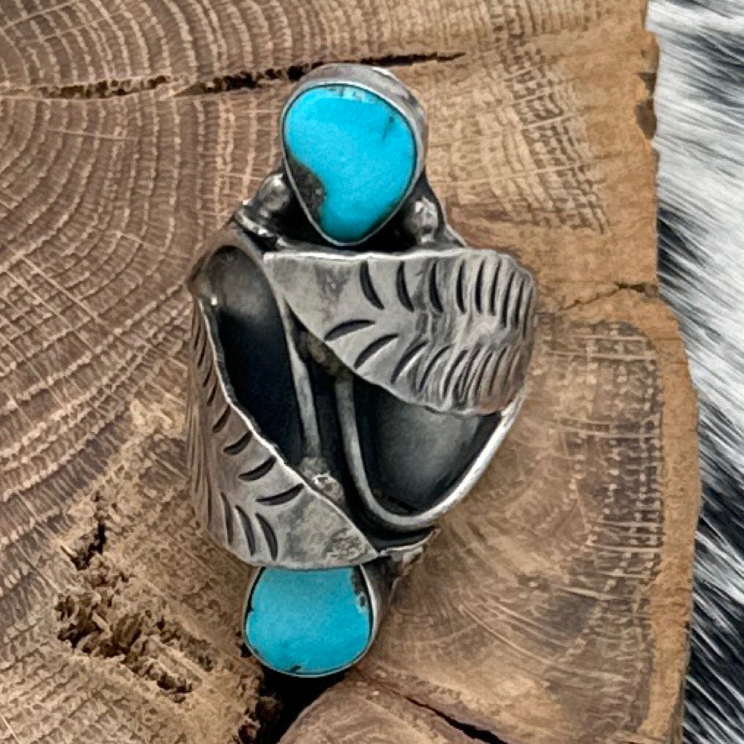 1960s Native American ZUNI Sterling Silver Turquoise Modernist Ring Leaves 8.25