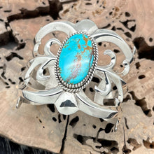 Load image into Gallery viewer, 1990s Native American NAVAJO Sandcast Silver &amp; Mine No 8 Turquoise Cuff Bracelet
