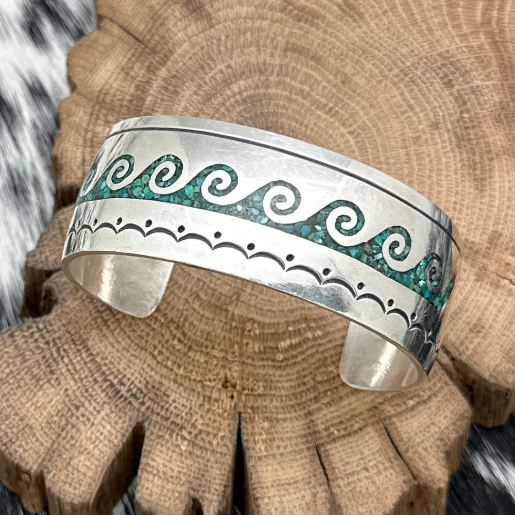 1970s GIBSON GENE Navajo Sterling Turquoise Chip Inlay Cuff Bracelet Waves