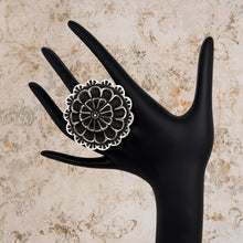 Load image into Gallery viewer, LEANDER TAHE Navajo Sterling Silver 3-D Flower Ring With Wide Adjustable Band

