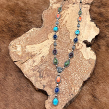 Load image into Gallery viewer, MARY ELLEN PEASE Navajo Sterling Turquoise Lapis Spiny Lariat Necklace Roses
