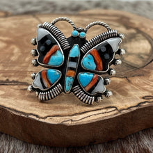 Load image into Gallery viewer, Vintage FEDERICO JIMENEZ Sterling Silver Turquoise Spiny Jet MOP Butterfly Ring
