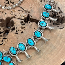 Load image into Gallery viewer, WILSON PADILLA Navajo Sterling Natural Kingman Turquoise Squash Blossom Necklace
