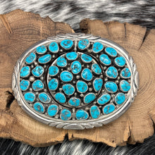 Load image into Gallery viewer, 1970s Native American NAVAJO Sterling Turquoise Coral Cluster Belt Buckle Spins
