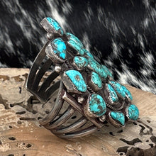 Load image into Gallery viewer, 1960s Native American NAVAJO Sterling &amp; Morenci Turquoise Cluster Cuff Bracelet
