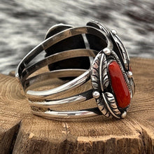 Load image into Gallery viewer, 1970s Native American NAVAJO Sterling Silver 4-Stone Coral Cuff Bracelet Leaves
