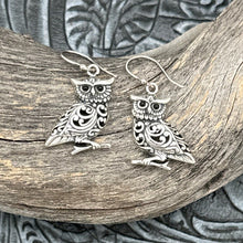 Load image into Gallery viewer, SOM&#39;S BALI Sterling Silver Owl Dangle Earrings Scrollwork &amp; Black Beaded Eyes
